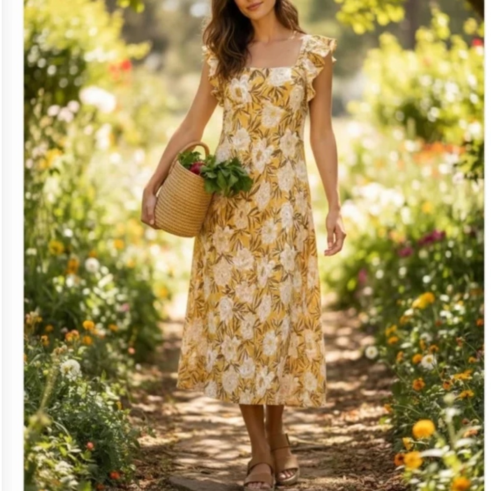 Madewell Angelina Floral Yellow Midi Dress, Size 4 Ruffle Boho Cupro Cottagecore